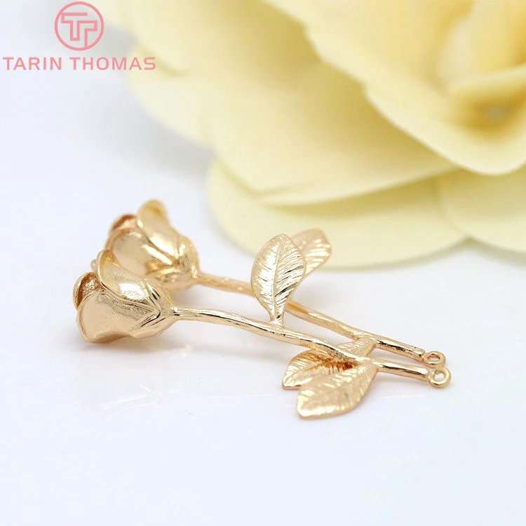 Латунные подвески в виде розы с покрытием 24 каратным золотом 4 шт. 23 х40 мм