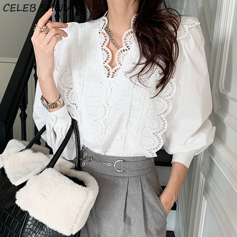 

White Chic Blouses Women Tops Spring Summer Long-sleeve Korean Fashion Blusas De Mujer Office Ladies Business Tops 2022
