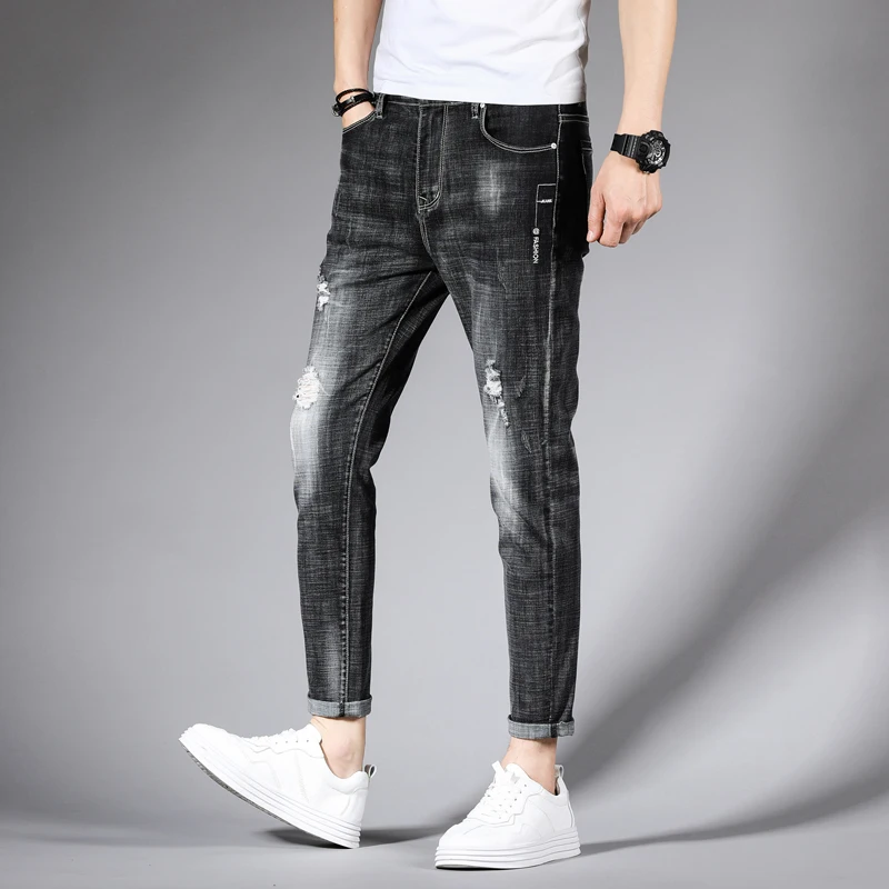 Итальянский стиль модные мужские джинсы черный серый цвет облегающие рваные