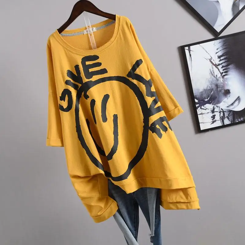 

Summer 2021 Smiley Face Pattern T-shirt Distressed Loose Oversized Cotton Short Sleeve T Shirt Women Top Tee