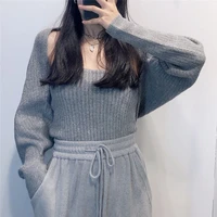 fashion arm warmers crop knitted sweater women vintage long sleeve female outerwear 2 piece set for women 2021 autumn winter