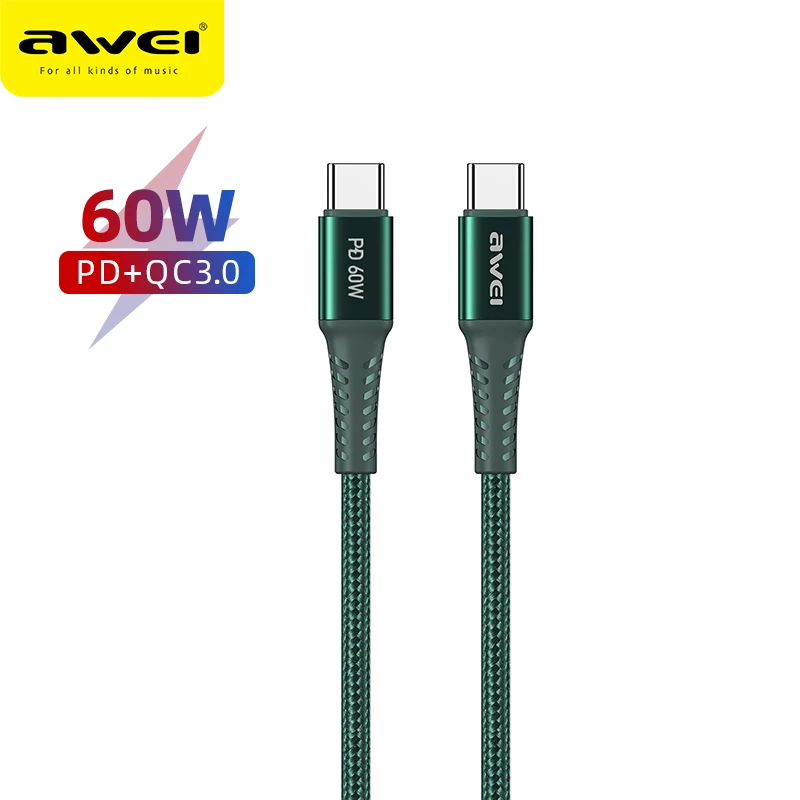 

Awei USB C to USB Type C Cable for MacBook Pro Quick Charge 4.0 PD 60 W Fast Charging for Samsung Xiaomi 10 Charge Cable