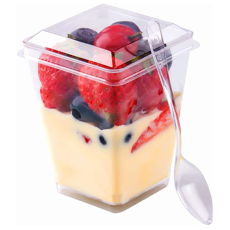 

Прозрачные пластиковые десертные чашки с крышками и ложками, идеальные чашки, мелочь, чаши для дегустации десертов и закусок