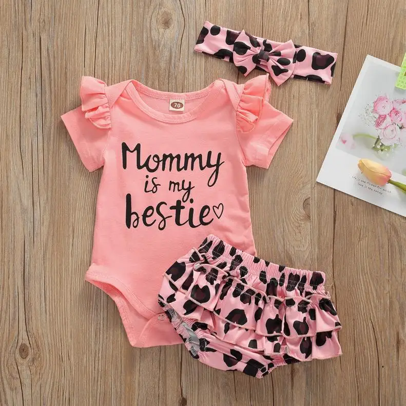 

Baby Girl Summer Clothes Set Ruffle Short Sleeve Romper Leopard Ruffled Shorts Bowknot Headband Outfits Baby's Sets 3pcs
