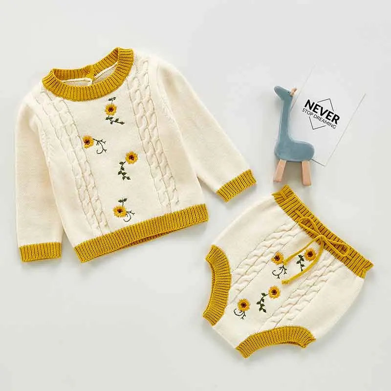 

Autumn Newborn Baby Girls Knit pullover Sweater+Shorts Clothes Sets Winter Flower Embroidery Infant Baby Kids Girls Sweater Sets
