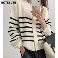 bgteever autumn winter v neck single breasted ladies striped sweaters tops full sleeve loose female knitted cardigans 2021