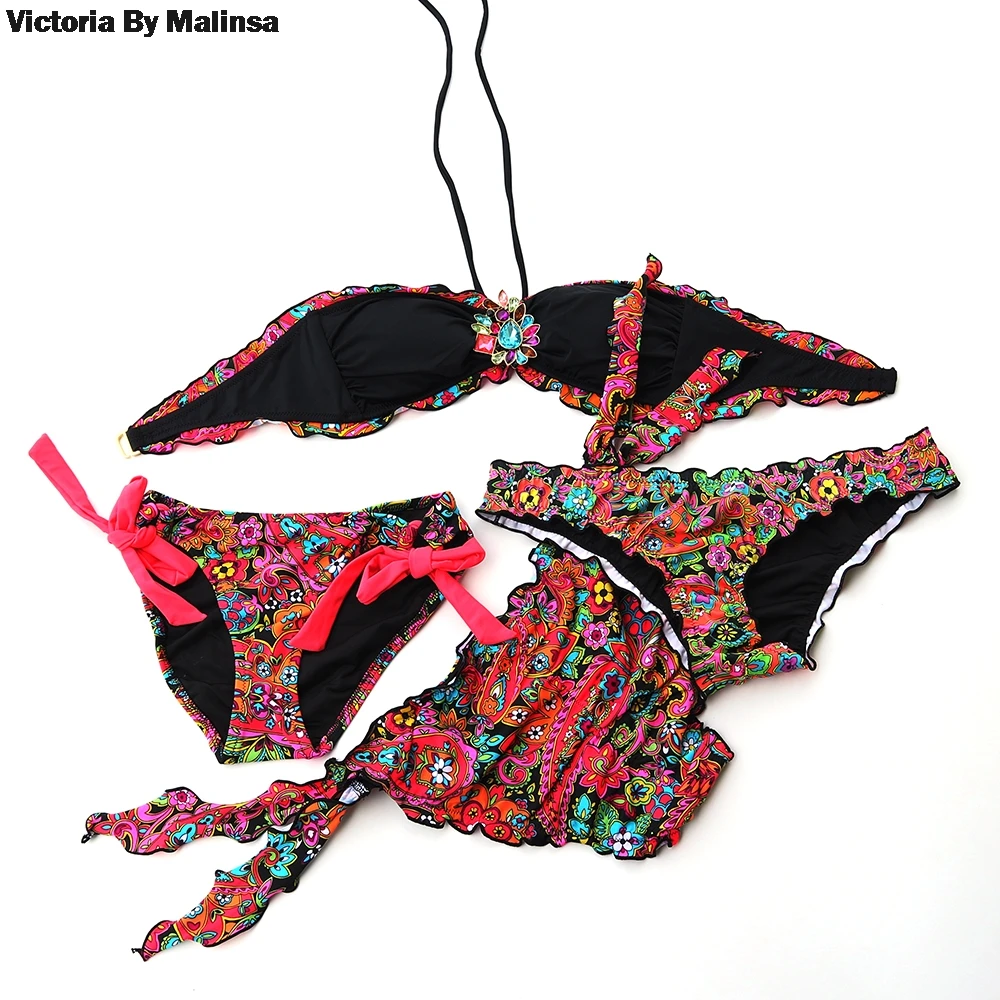 Летний женский комплект бикини купальник черный красный с цветочным рисунком