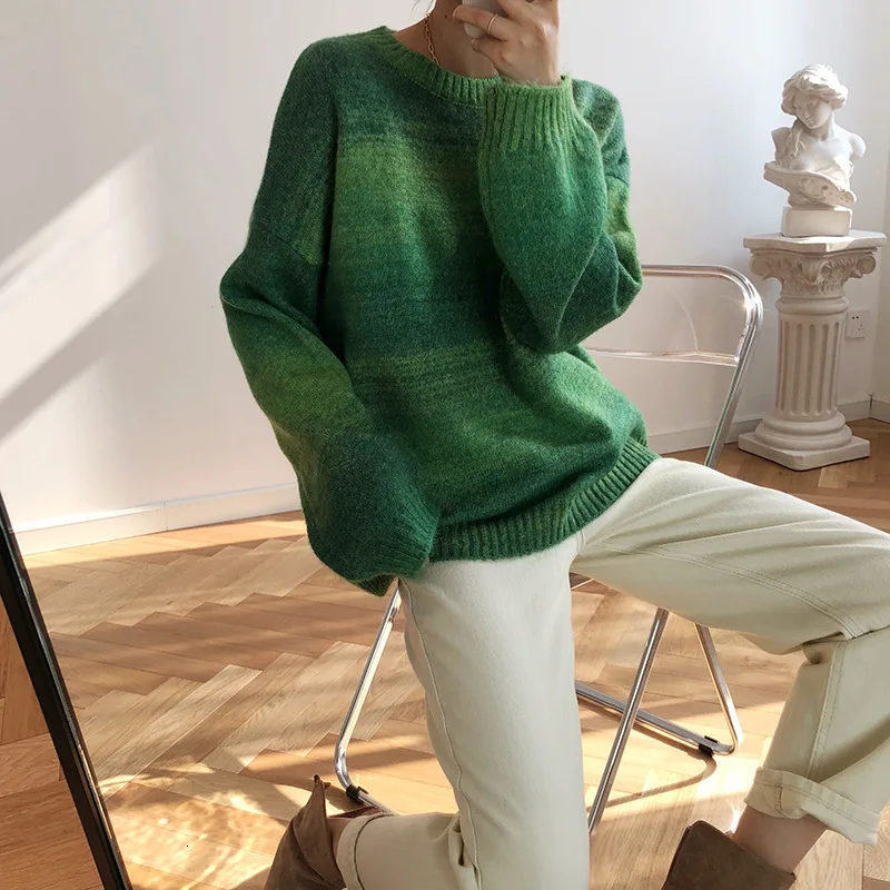 Striped Rainbow Mohair Jumper Women Autumn Winter Loose Gradient Color Knitting Sweaters and Pullovers Lantern Sleeve Coat Tops | Женская