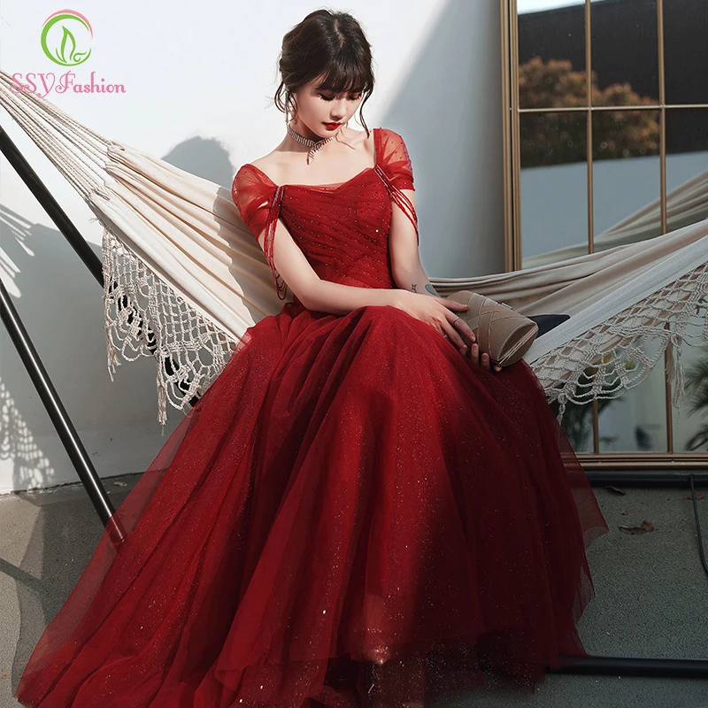 

Женское вечернее платье SSYFashion, красное элегантное банкетное платье до пола с вырезом лодочкой, бальное платье для выпусквечерние вечера