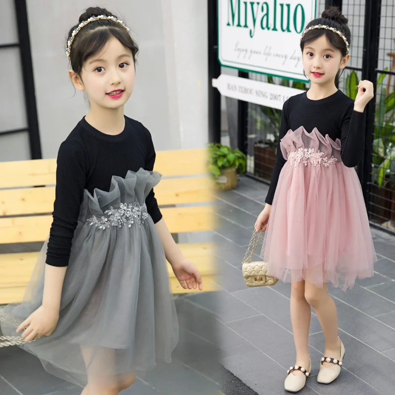 Girls Dress Mesh Patchwork Long Sleeve Children Party Color Matching Pink Princess Dresses Kids Clothes | Детская одежда и обувь