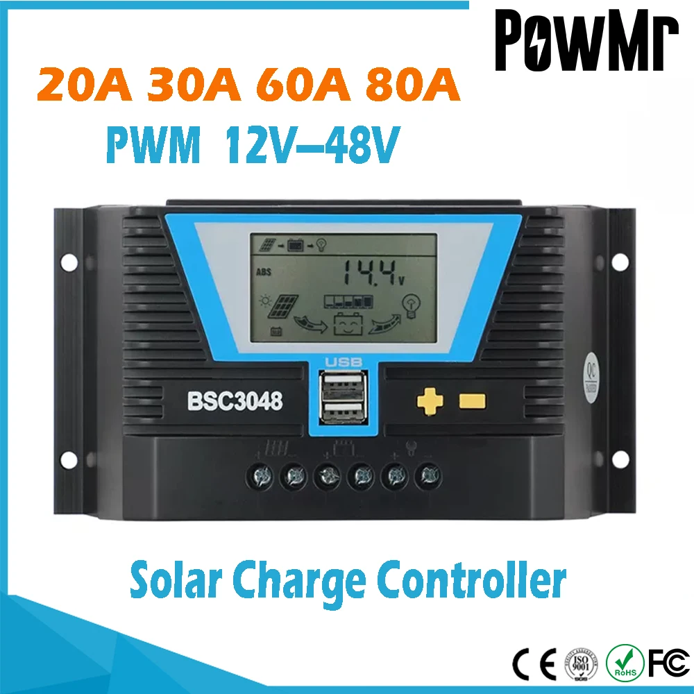 

PWM Solar Controller 20A 30A 60A 80A 12V/24V or 12V 24V 36V 48V Lithium Battery Regulator of Light Dual Time Control and USB
