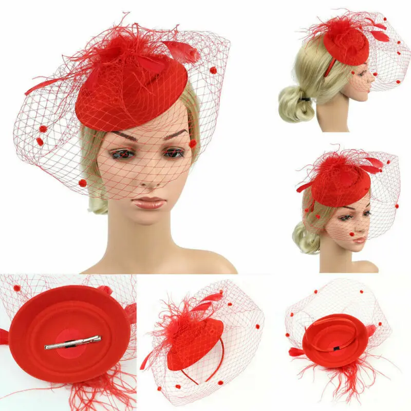 Girl Mesh Veil Hat Wedding headwear Elegant Ribbon Big Flower Solid Color Fascinator Small Plush Wave Point Bridal Hair pins gai images - 6