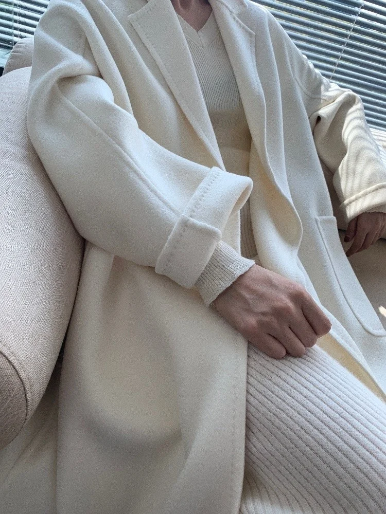 

Water ripple cashmere coat women's winter 2021 new white double-sided wool long over-the-knee coat