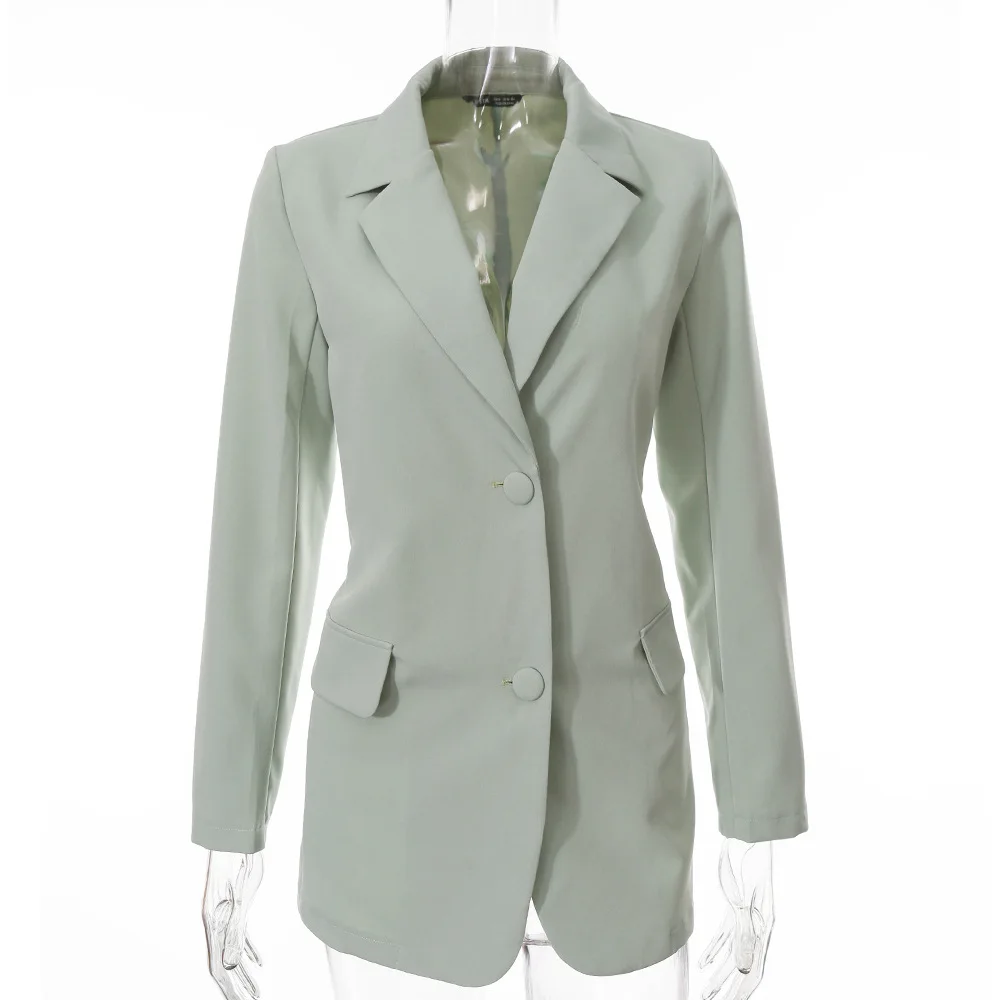 

90%Polyester Light Green Elegant Women Blazer Coat 2020 Autumn New Simple Design Fashion Office Lady Loose Jacket Blazer