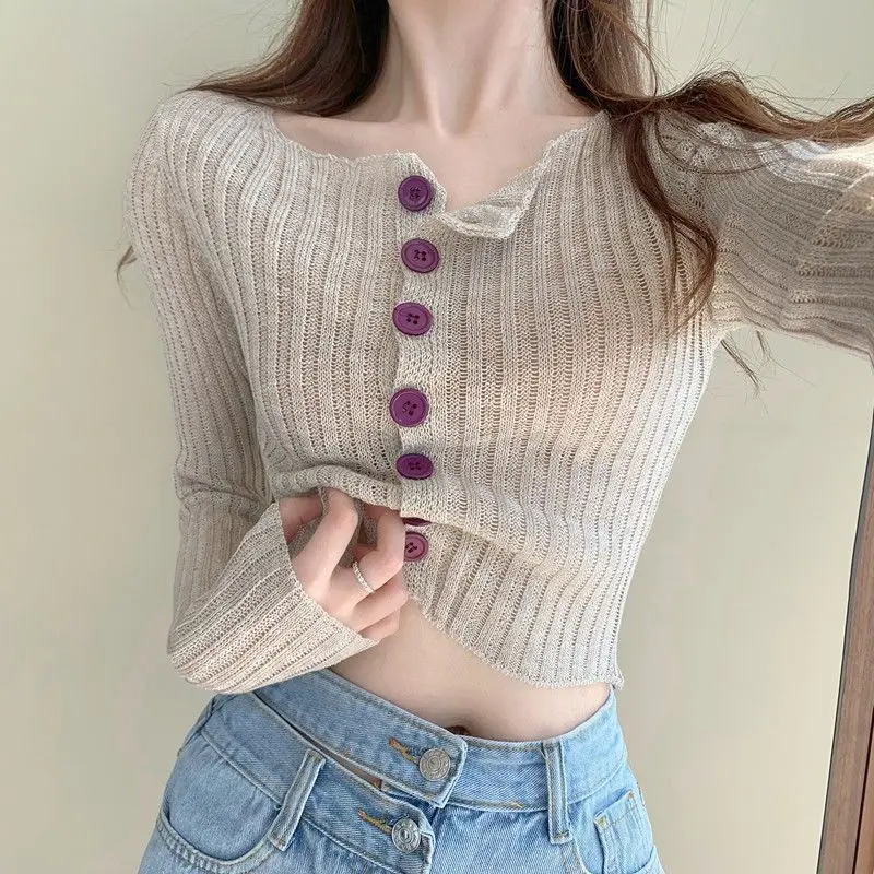 

Bottom shirt niche autumn clothing 2021 new style women's long-sleeved knitted cardigan cropped top with high waist pants