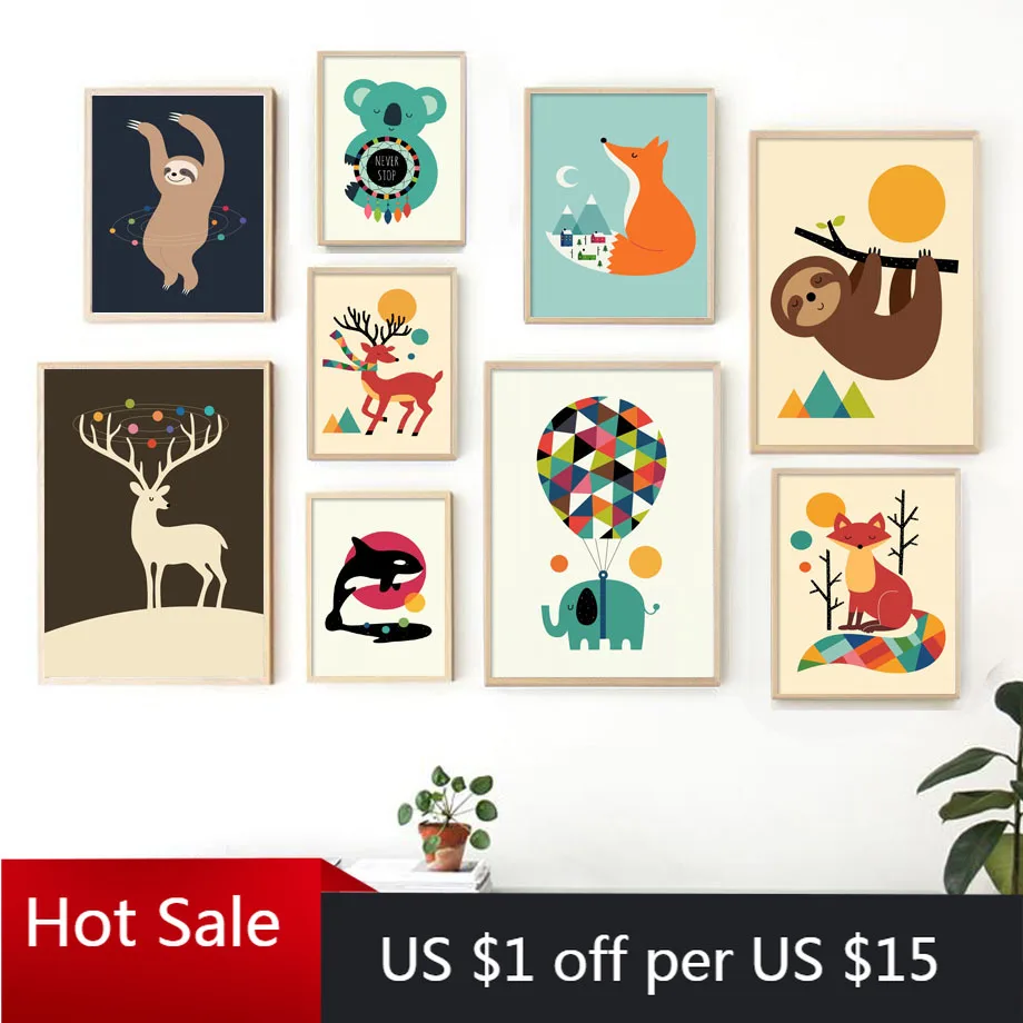 Картина на холсте в скандинавском стиле с изображением животных лисы оленя енота