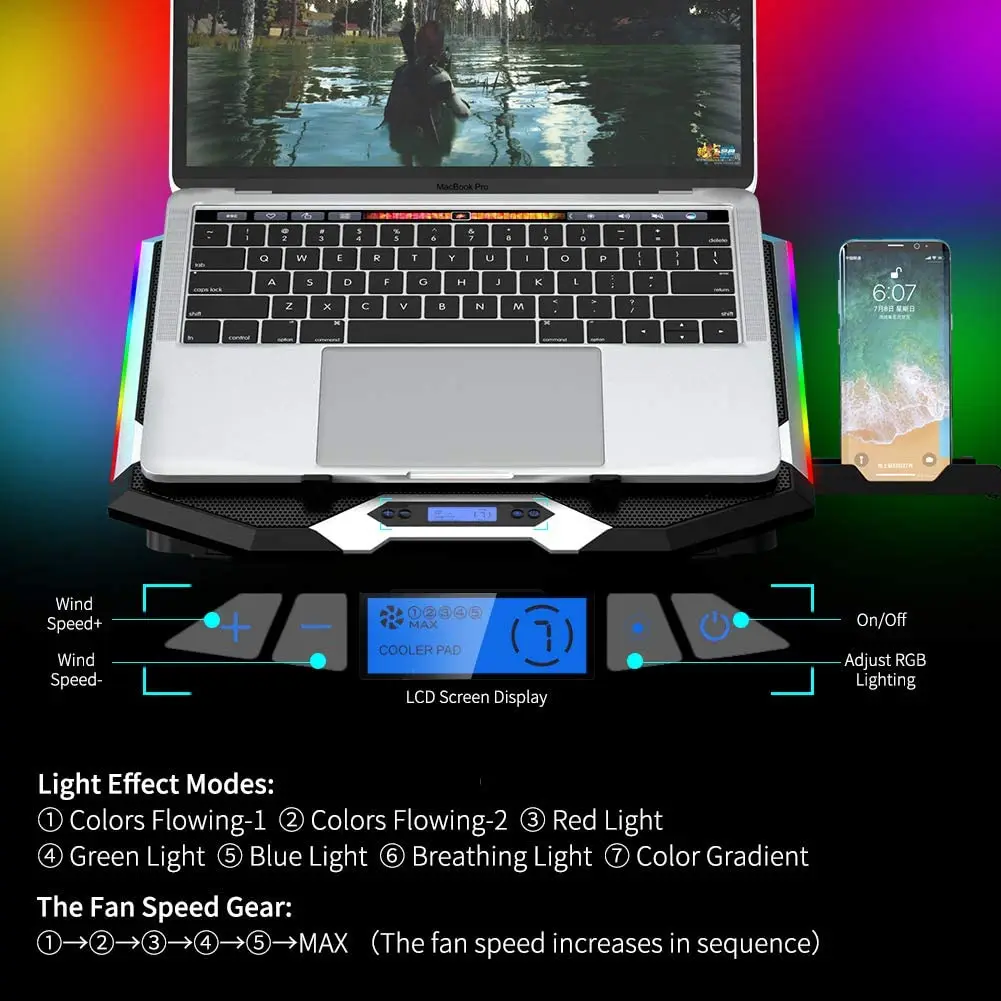 Охлаждающая подставка для ноутбука игровой кулер RGB 12 18 дюймов 6 вентиляторов ЖК