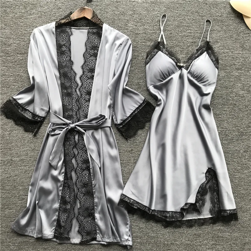 

pajamas for woman home clothes Silk Sexy Lace Pyjamas Satin Sleepwear Pijama Homewear Summer 2021 with Chest Pads