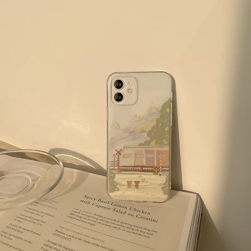 retro sweet train station painting kawaii japanese phone case for iphone 13 11 12 pro xs max xr 7 8 plus x 7plus case cute cover free global shipping