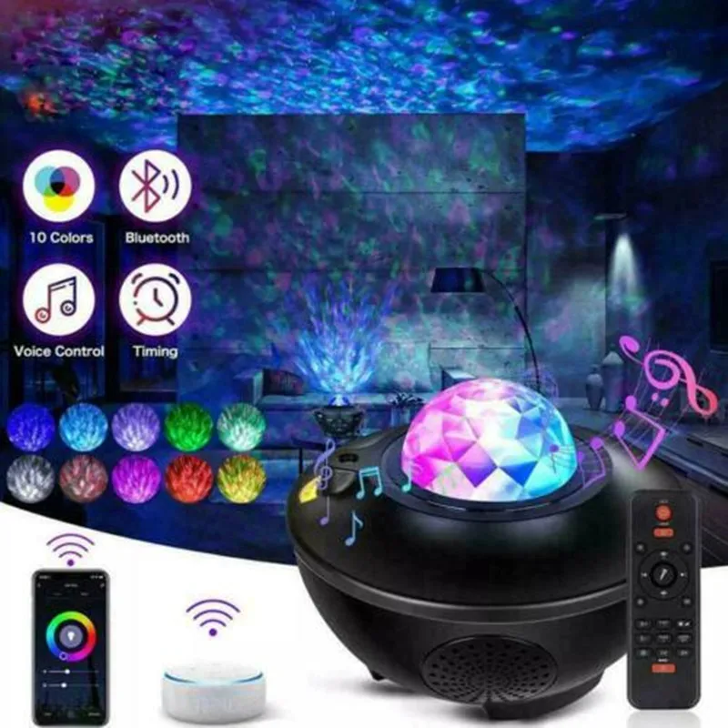 

Starry Sky Projection Lamp With Music Ocean Wave Speaker Cloud Nebula Ceiling Lamp for Decoration Bedside Bedroom Night Light