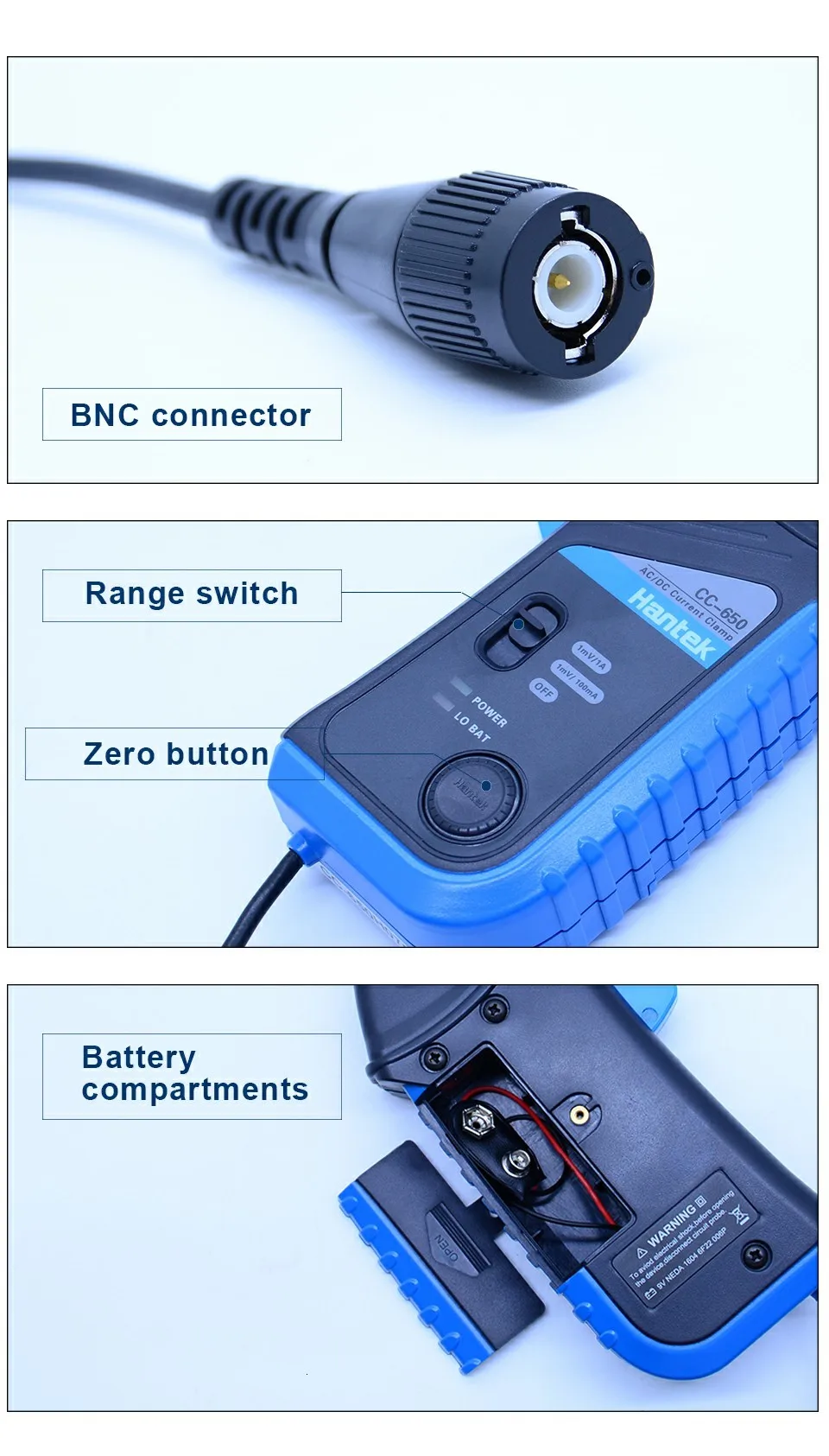 Hantek CC65 AC/DC токовые клещи для осциллографа CC-65 20 кГц полоса пропускания 1МВ/10мА 65А с BNC/разъем типа банан