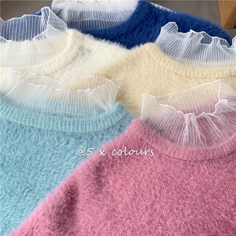 

Autumn Winter Women Sweet Knitted Pullovers Mink Cashmere Fashoin Loose Sweaters Girly Lace Patchwork O-Neck Knitwear Outwear
