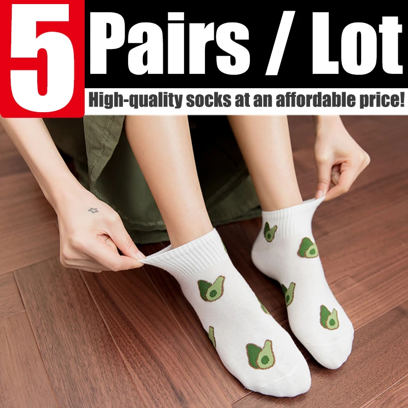 

5 Pairs Spring Summer Women Socks Cartoon Avocado Causal Short Sock Embroidery Breathable Funny Harajuku Female Ankle Socks Girl