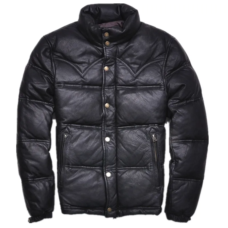 Мужская винтажная кожаная куртка из козьей кожи зимнее пальто на утином пуху
