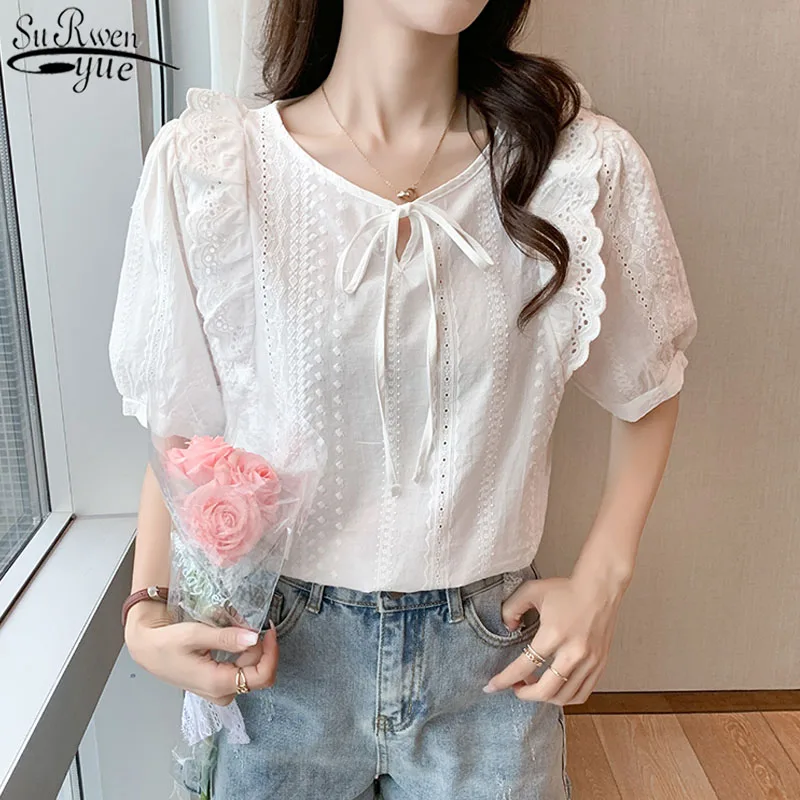 

2021 Summer New Women's Top Puff Sleeve Short Sleeve Chiffon Blouse Bow Collar Pleated Ruffled Straight Solid Shirt 14603