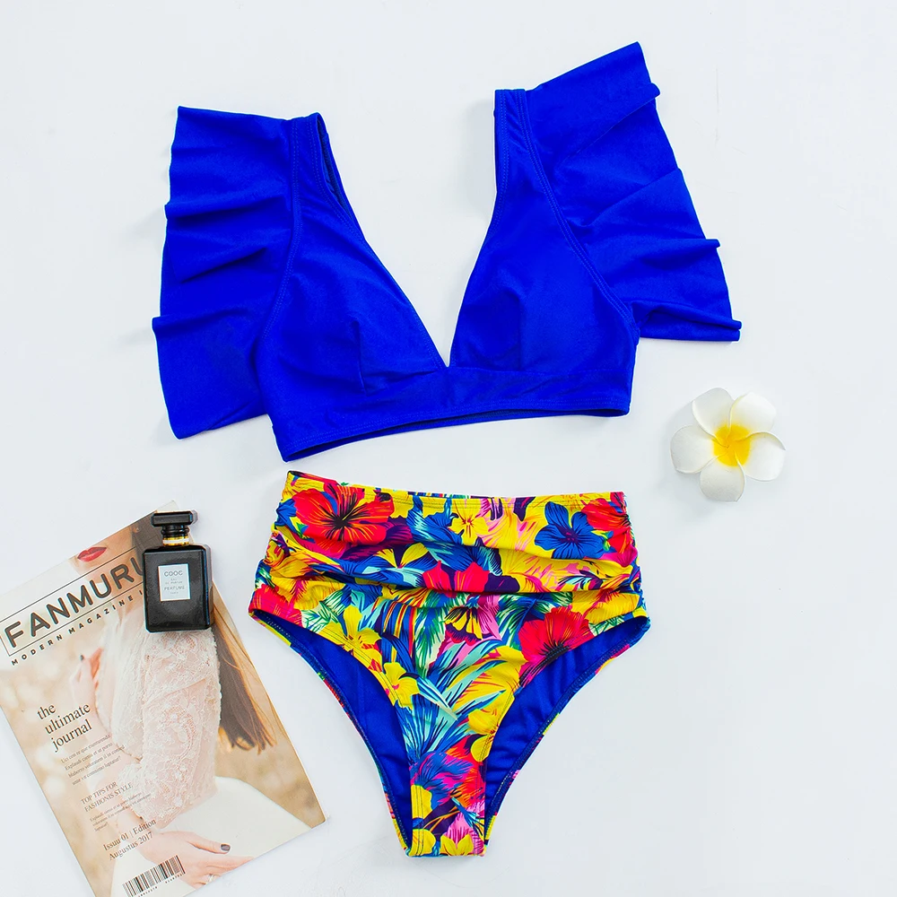 

Floral Ruffled Hem Bikini Set Women Flora V-neck High-waisted Two Piece Swimsuit 2021 Girl Beach Bathing Suit Swimwear Biquinis