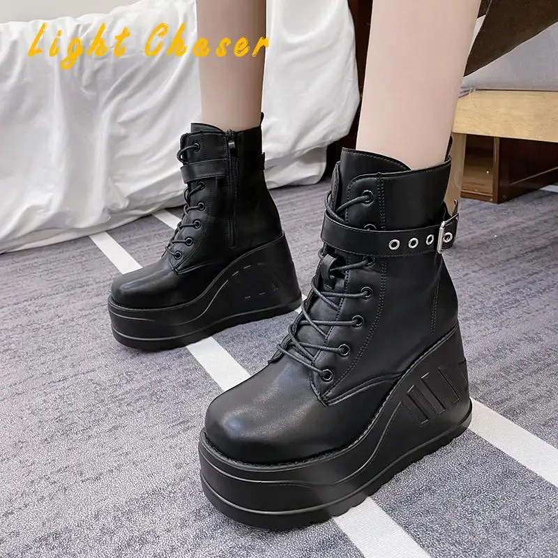 Fashion Punk Style Platform Women Ankle Boots Women's Motorcycle Boot Fashion Ladies Chunky Shoes Wedge Black Big Size 4142 43