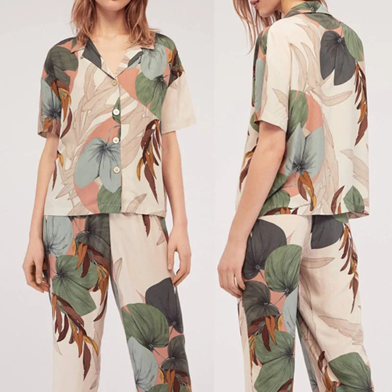 long pajamas set Женский пижамный комплект, летний комплект из двух предметов, с короткими рукавами, шелковые женские пижамы с принтом ладони, Женское ночное белье, домашняя одежда - Цвет: long pajamas set