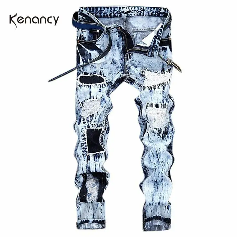 Джинсы мужские рваные зауженные прямые на молнии байкерские брюки из денима в