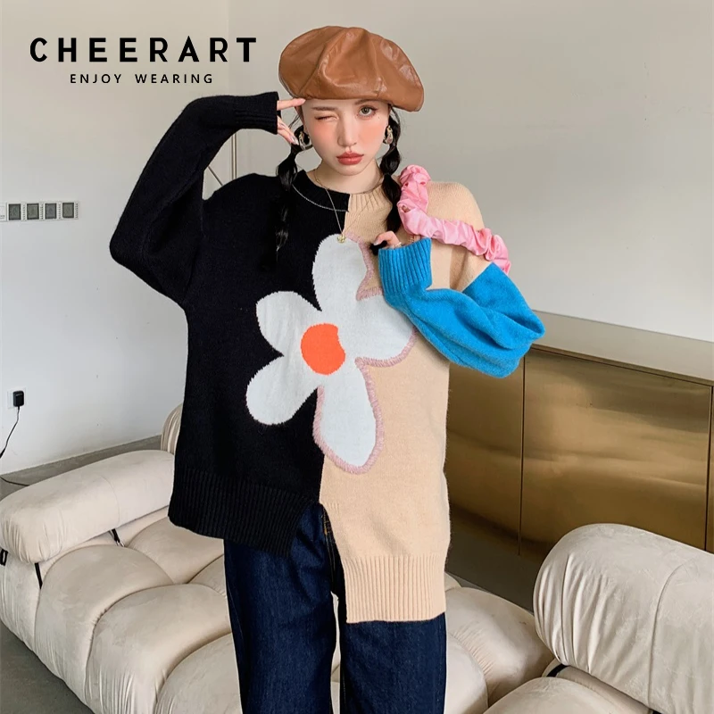 

CHEERART цветной блок корейская мода Kawaii милый свитер Пуловеры Ромашки Цветочный Асимметричный вязаный свитер осень зима 2021