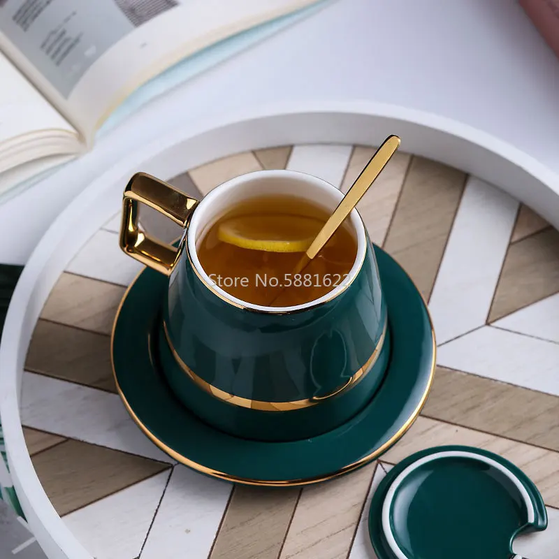 European Luxurious Ceramics Coffee Cup Sets Lid Dish Spoon Box Suit Mugs Milk Tea Tazas De Cafe Green Drinkware EA6BYD | Дом и сад
