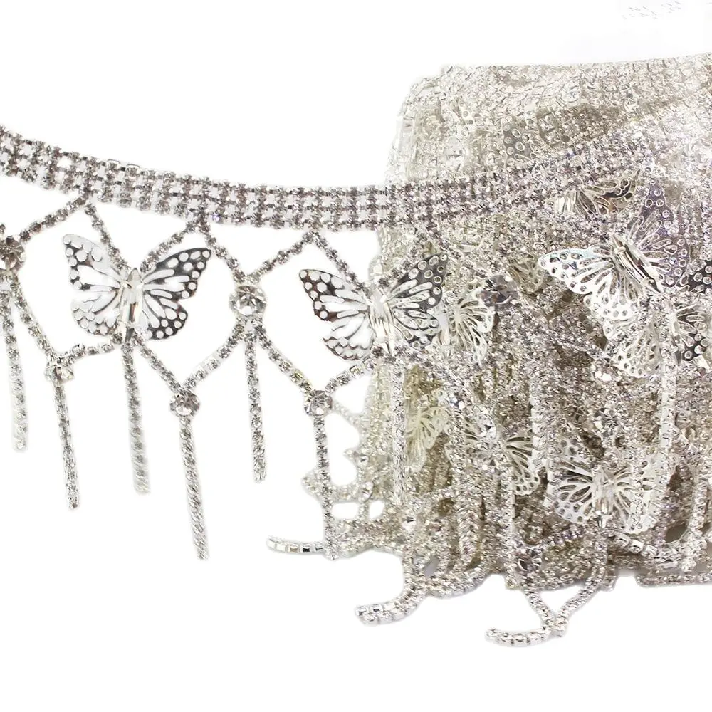 1 yard Array butterfly long tassel crystal rhinestone trim silver fringe decorative chain clothing accessories ML078 | Дом и сад