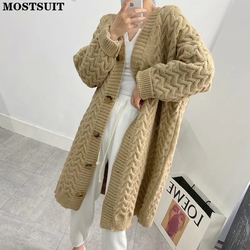 

Winter Thicken Warm Long Cardigan Tops Women Twisted Knitted V-neck Single Breasted Sweater Jumpers Solid Loose Female Tops