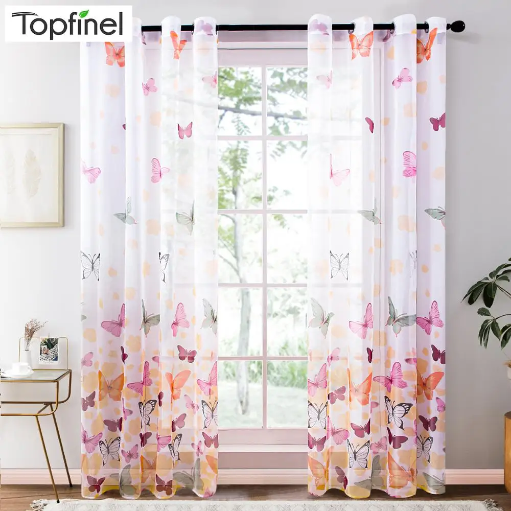 Topfinel-cortinas transparentes de gasa con mariposas de colores para sala de estar, tul, para