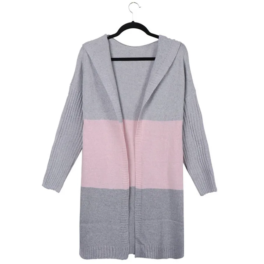 Вязаный кардиган свитер для женщин Повседневный в полоску с капюшоном длинным