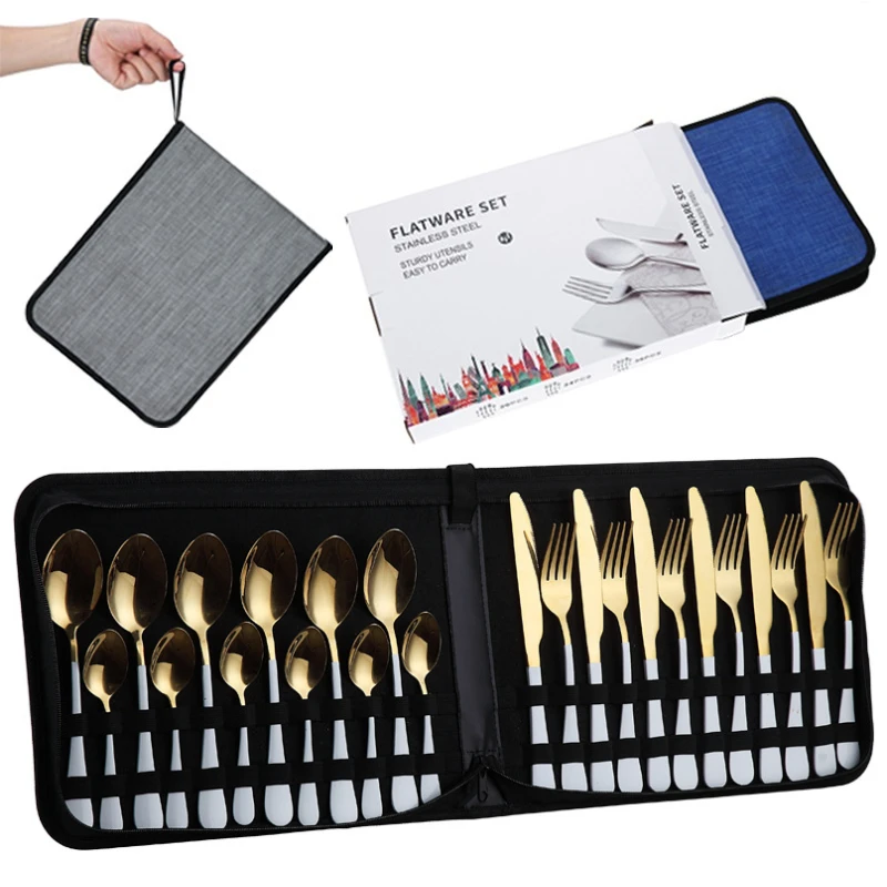 

24pcs Portable Dinnerware Set Stainless Steel Tableware Set Knife Fork Spoon Gold Cutlery Set Gift Box Flatware Dishwasher Safe