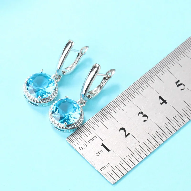 Bridal Jewelry Sets Silver 925 Round Sky Blue Cubic Zirconia Ring With Earrings Women Accessories 10-Colors Gift | Украшения и