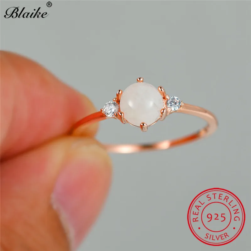 Rose Gold Ring Кольцо из стерлингового серебра s925, круглый белый лунный камень, кольца для женщин, изящное тонкое кольцо, обручальное кольцо, ювелирное изделие - Цвет камня: Rose Gold Ring