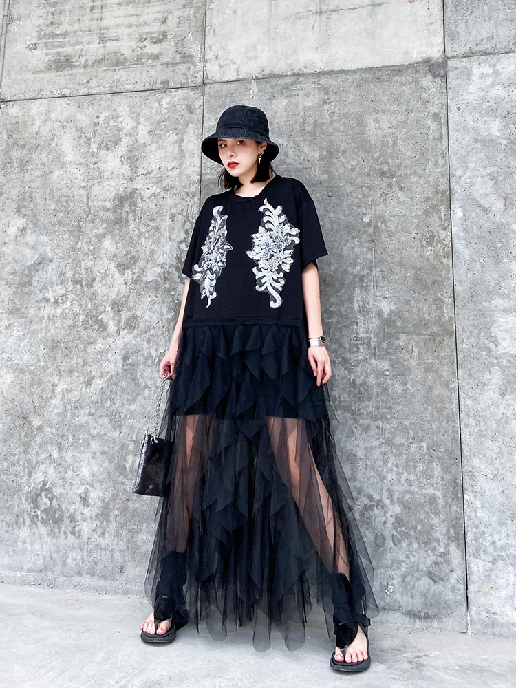 

Campanulaceae French Hepburn dress 2020 summer large size was thin fairy super fairy short sleeve stitching mesh dress Female