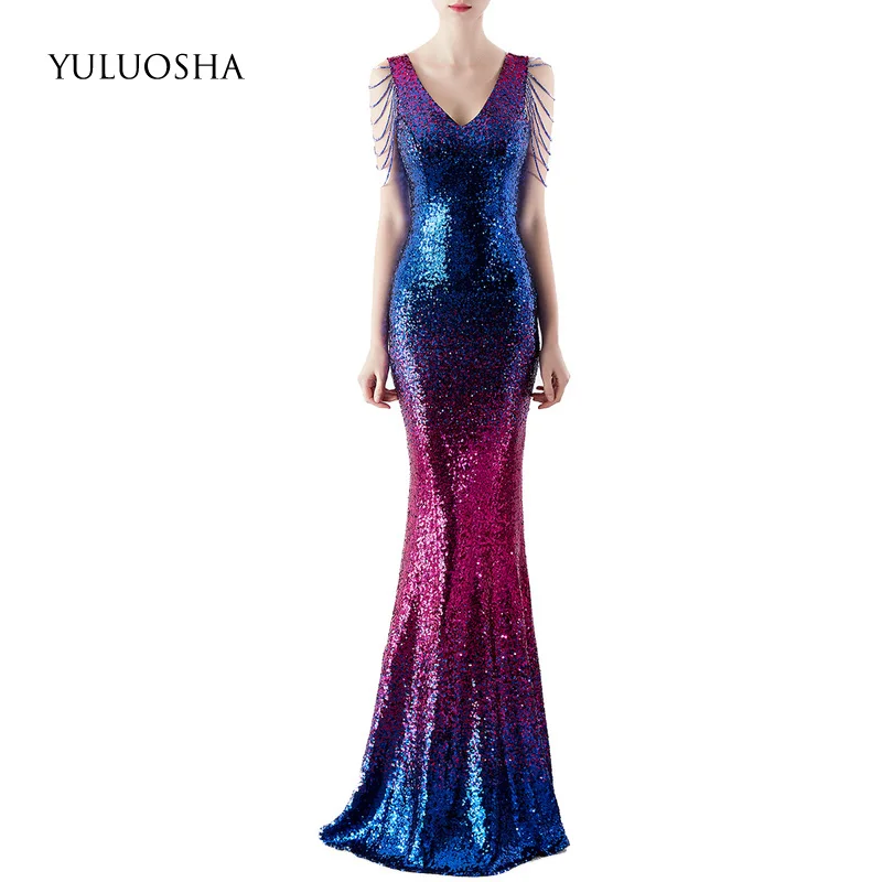 

YULUOSHA Fashion Sexy V-Neck Sleeveless Beading Long Slim Evening Dresses Party Prom Formal Gowns Vestidos De Fiesta De Noche