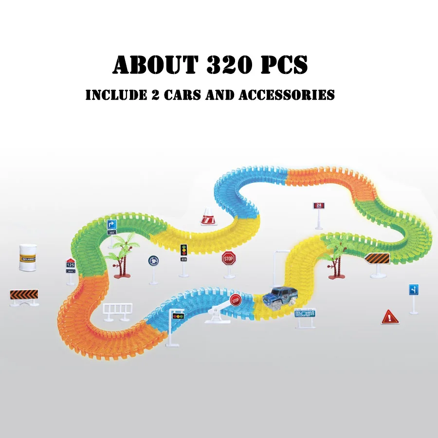 320pcs with 2 cars Волшебный трек, светящийся Железнодорожный автомобиль, сделай сам, гибкий изгиб, магический трек, дорожный набор, флэш-светильник, железнодорожный автомобиль, сборные игрушки, подарки для детей - Цвет: 320pcs with 2 cars
