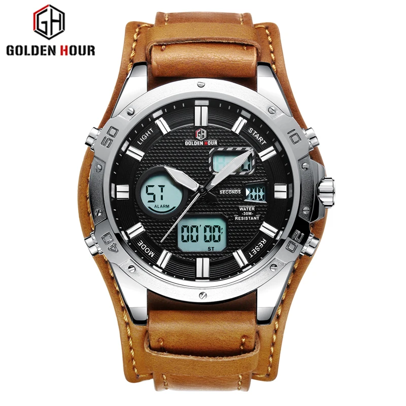 

GOLDENHOUR Leather Sport Men Analog Quartz Wrist Watch Army Military Date Clock Dual Display Fashion Outdoor Relogio Masculino