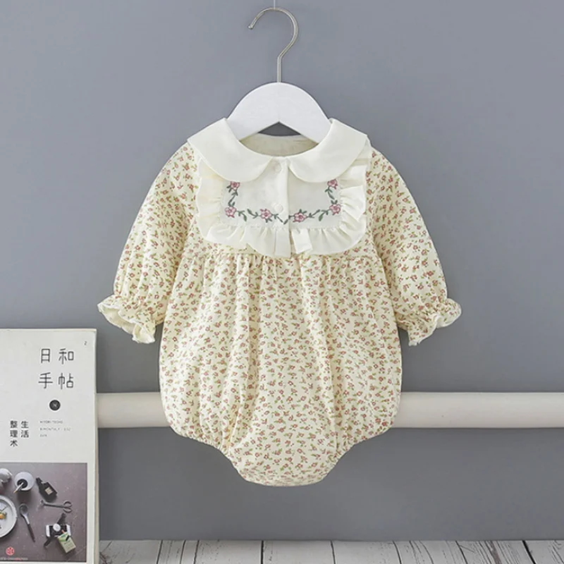 2021 nuevo oto&ntilde;o Body para beb&eacute; manga larga cuello Peter Pan bordado Floral princesa mono ropa reci&eacute;n nacida E5365-2