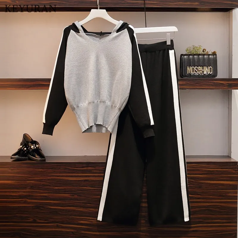 Осенне-зимний комплект из 2 предметов Женский вязаный костюм Свободный Полосатый