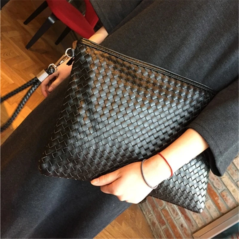 

Leather Weave Knitting Clutch Bag Men Business Briefcases Wallet Handy Bag Handbags Day Clutches Male Large Purses Envelope Bag