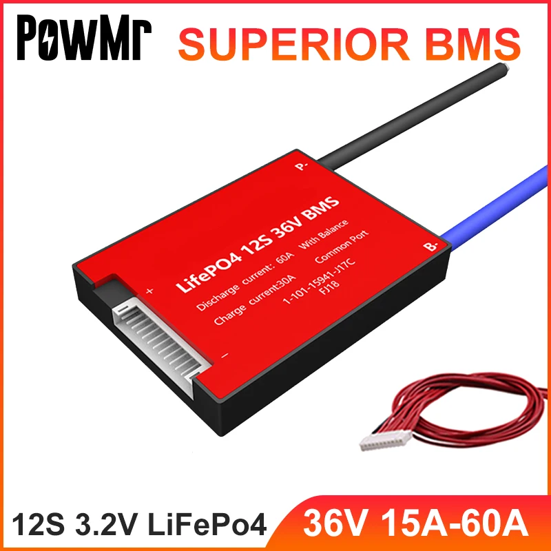 

PowMr 12S 3.2V BMS 36V 15A 20A 30A 40A 50A 60A Waterproof For LiFePo4 Balance Cell Battery Protection Board With Common Port